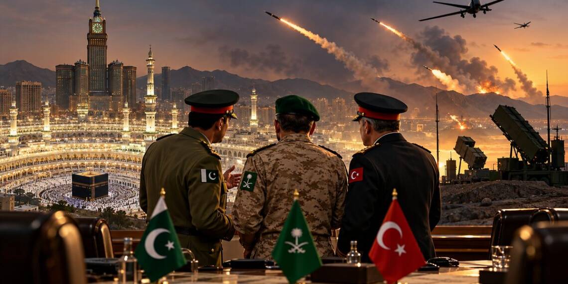Saudi Arabia, Pakistan and Turkey military officials meet as missiles and drones threaten Makkah, with Saudi air-defence systems positioned in the foreground.