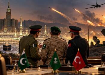 Saudi Arabia, Pakistan and Turkey military officials meet as missiles and drones threaten Makkah, with Saudi air-defence systems positioned in the foreground.