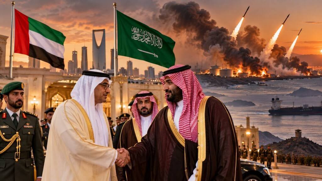 Saudi and UAE officials shake hands in Riyadh as missiles launch and fires burn across the Red Sea backdrop, highlighting renewed Gulf diplomacy amid the Yemen conflict.”