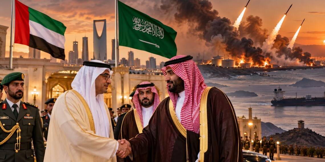 Saudi and UAE officials shake hands in Riyadh as missiles launch and fires burn across the Red Sea backdrop, highlighting renewed Gulf diplomacy amid the Yemen conflict.”