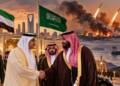Saudi and UAE officials shake hands in Riyadh as missiles launch and fires burn across the Red Sea backdrop, highlighting renewed Gulf diplomacy amid the Yemen conflict.”