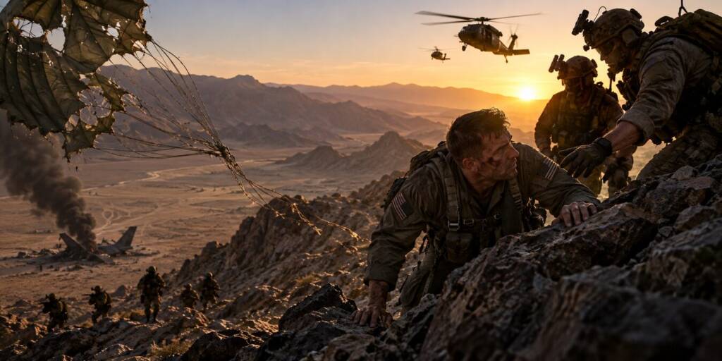 Wounded US airman climbs a rugged desert ridgeline as American special-operations rescuers reach him, with a torn parachute, crashed fighter jet and helicopters visible against a sunset.”
