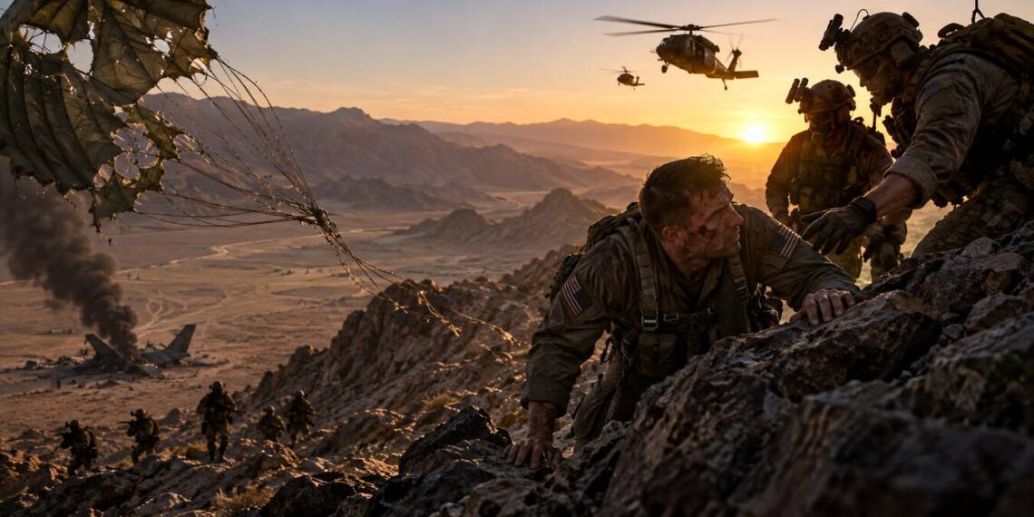 Wounded US airman climbs a rugged desert ridgeline as American special-operations rescuers reach him, with a torn parachute, crashed fighter jet and helicopters visible against a sunset.”