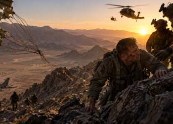 Wounded US airman climbs a rugged desert ridgeline as American special-operations rescuers reach him, with a torn parachute, crashed fighter jet and helicopters visible against a sunset.”