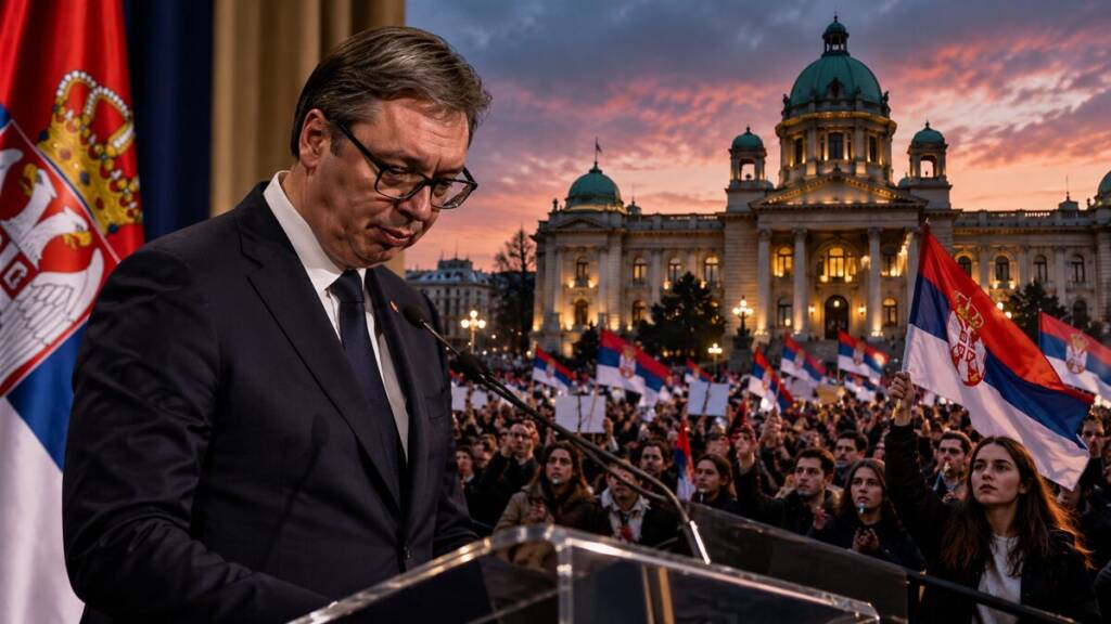 Serbian President Aleksandar Vučić resigns stands at a lectern before a large crowd waving Serbian flags, with a government building illuminated at dusk in the background.
