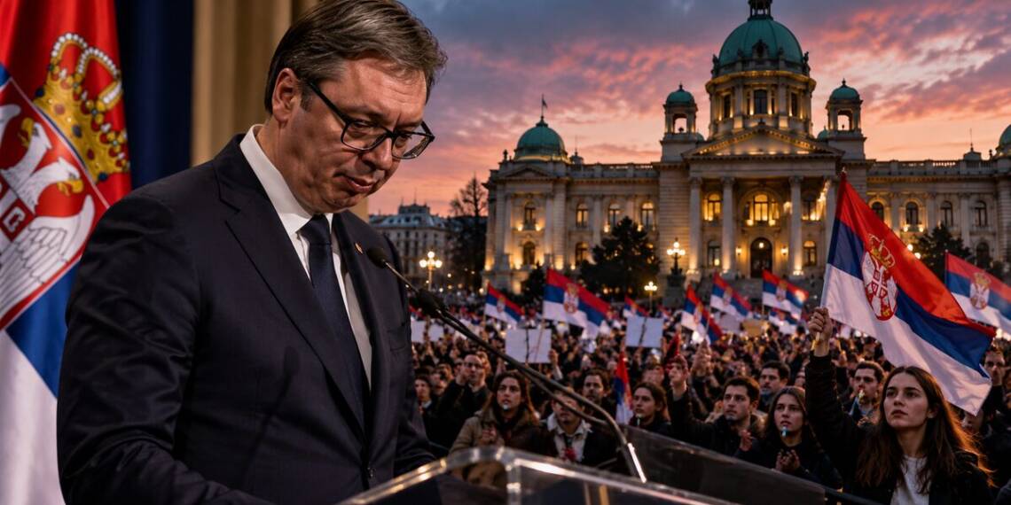 Serbian President Aleksandar Vučić resigns stands at a lectern before a large crowd waving Serbian flags, with a government building illuminated at dusk in the background.