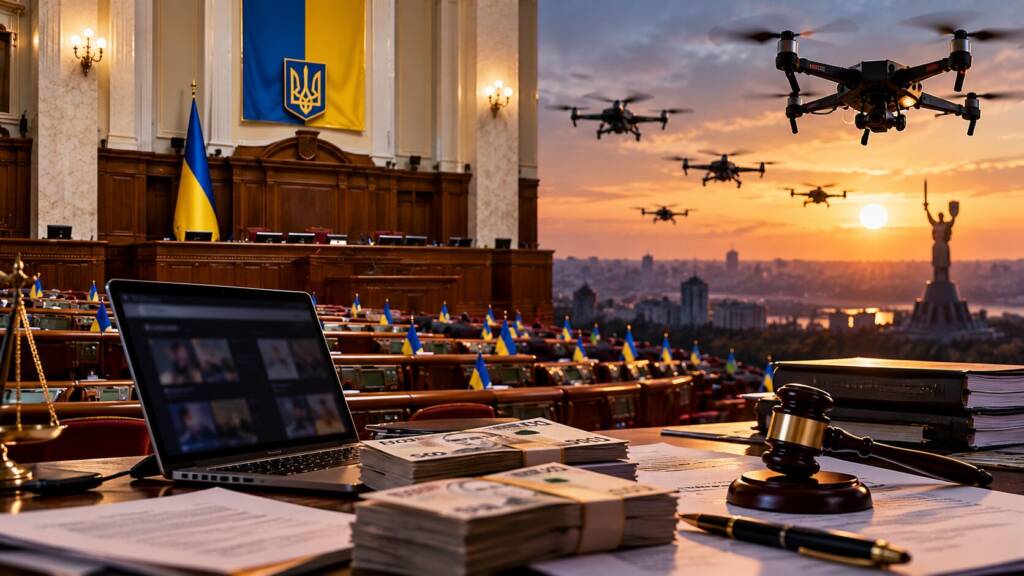 UkrainE parliament, legal documents and cash beside military drones, symbolising proposed adult-content decriminalisation and potential tax revenue for drone funding.