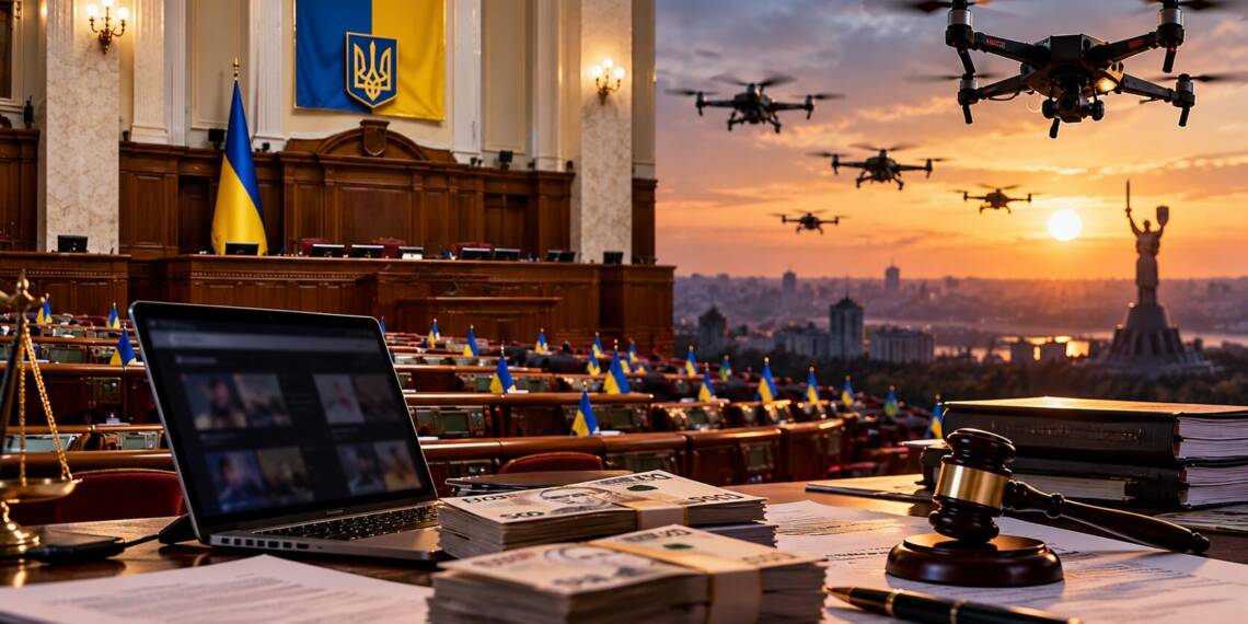 UkrainE parliament, legal documents and cash beside military drones, symbolising proposed adult-content decriminalisation and potential tax revenue for drone funding.