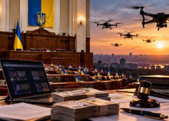 UkrainE parliament, legal documents and cash beside military drones, symbolising proposed adult-content decriminalisation and potential tax revenue for drone funding.