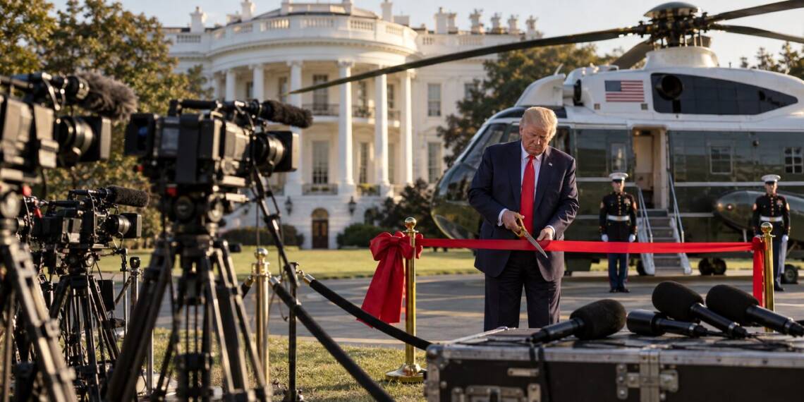 US President Donald Trump cuts a red ribbon outside the White House as television cameras and microphones sit unused, with Marine One in the background, symbolising a media blackout.