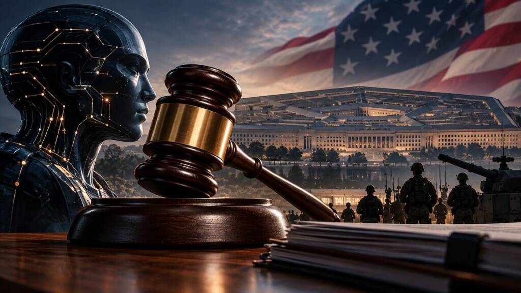 A gavel and futuristic AI figure in front of the Pentagon, with US military personnel and an American flag in the background, symbolising the legal dispute between Anthropic and the US Department of Defense.