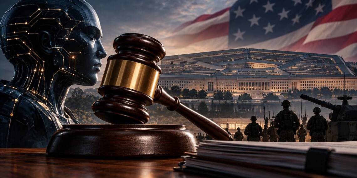 A gavel and futuristic AI figure in front of the Pentagon, with US military personnel and an American flag in the background, symbolising the legal dispute between Anthropic and the US Department of Defense.