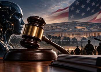 A gavel and futuristic AI figure in front of the Pentagon, with US military personnel and an American flag in the background, symbolising the legal dispute between Anthropic and the US Department of Defense.