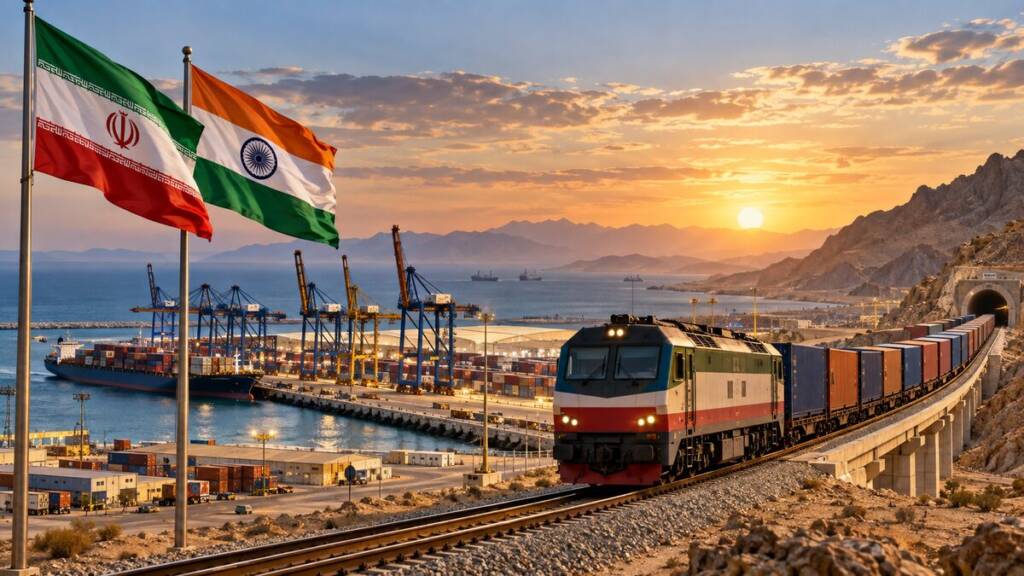 Freight train carrying containers travels from Chabahar port through rugged Iranian mountains, symbolising India’s emerging rail link to Iran and Central Asia.” Chabahar-Zahedan railway