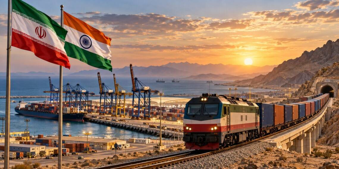 Freight train carrying containers travels from Chabahar port through rugged Iranian mountains, symbolising India’s emerging rail link to Iran and Central Asia.” Chabahar-Zahedan railway