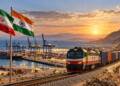 Freight train carrying containers travels from Chabahar port through rugged Iranian mountains, symbolising India’s emerging rail link to Iran and Central Asia.” Chabahar-Zahedan railway