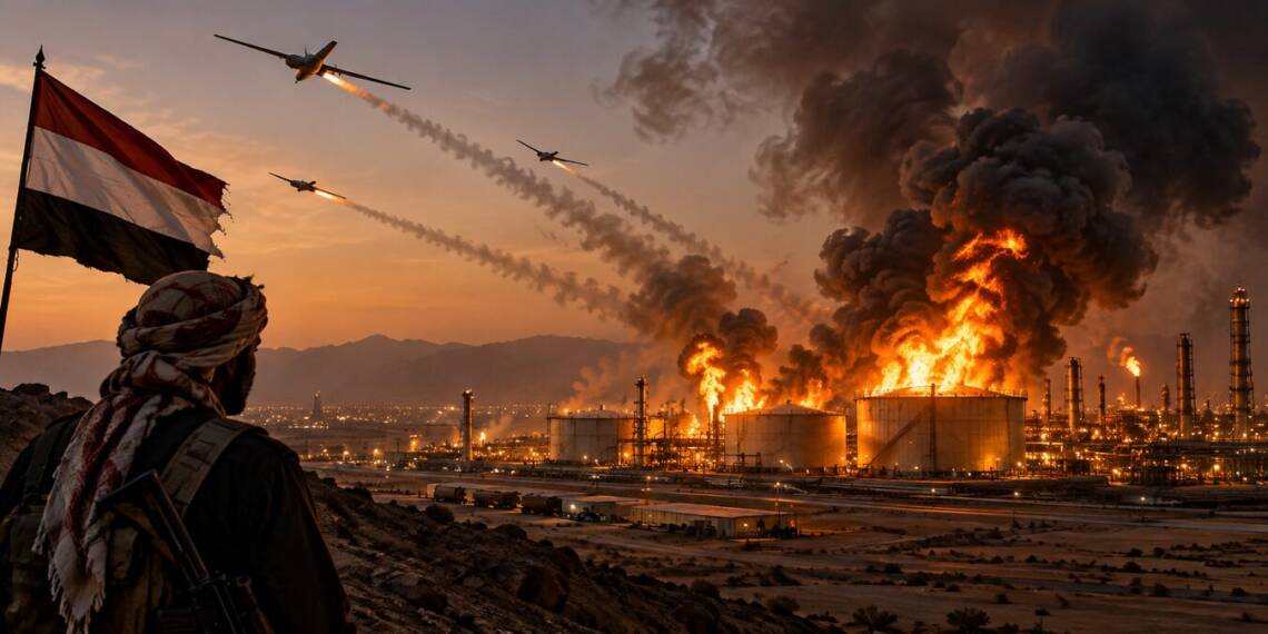 A burning oil refinery at dusk, with thick black smoke rising as drones streak across the sky, symbolising Houthi attacks on Saudi Arabia’s energy infrastructure.