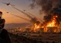 A burning oil refinery at dusk, with thick black smoke rising as drones streak across the sky, symbolising Houthi attacks on Saudi Arabia’s energy infrastructure.