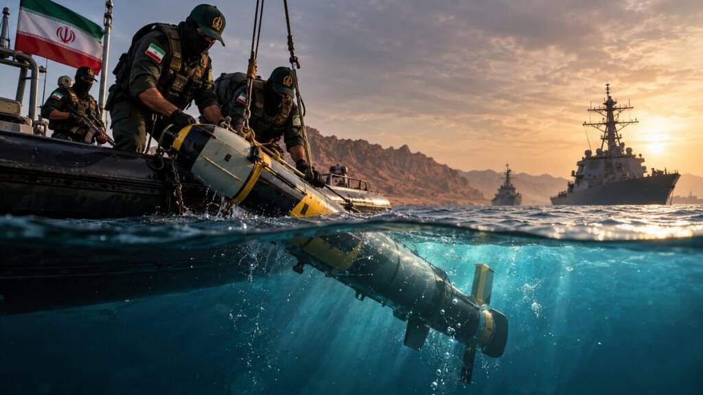 Iranian forces recover an unmanned underwater drone from the Strait of Hormuz as naval vessels patrol in the background.