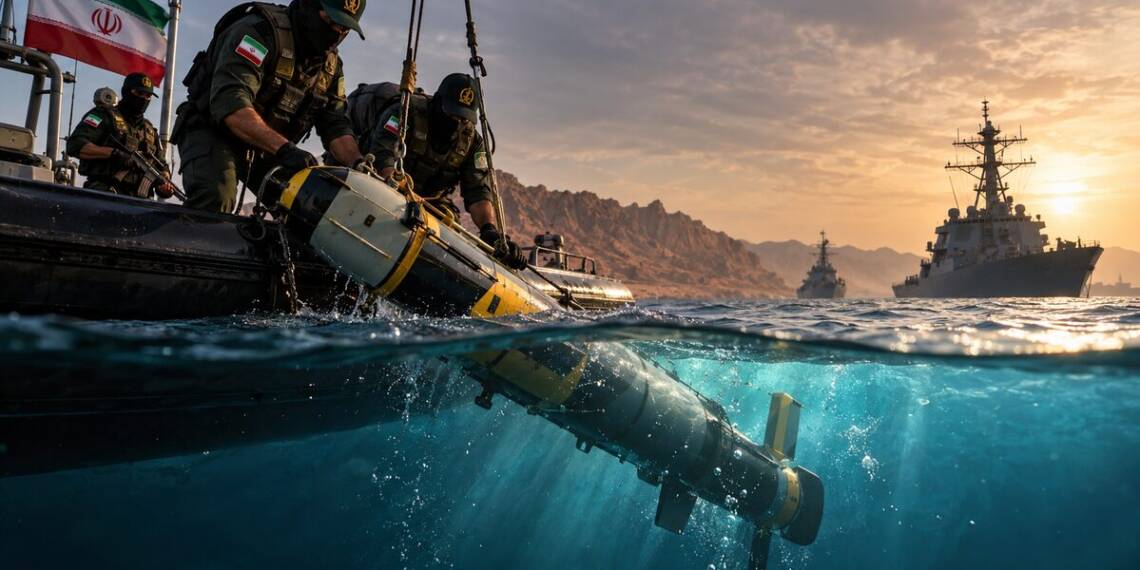 Iranian forces recover an unmanned underwater drone from the Strait of Hormuz as naval vessels patrol in the background.