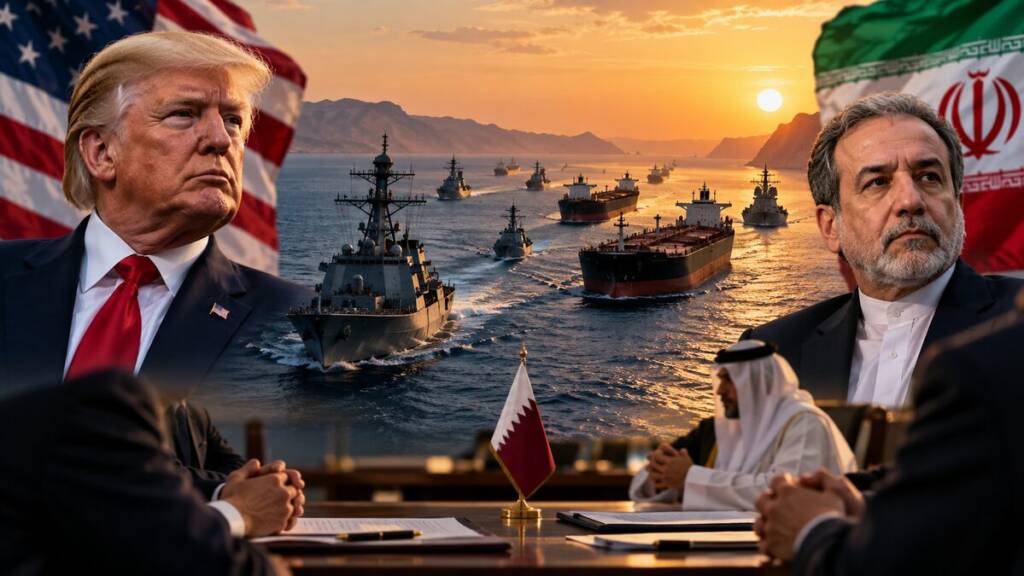 US and Iran officials face each other as warships and oil tankers move through a strategic strait, with Qatari mediators facilitating peace talks.