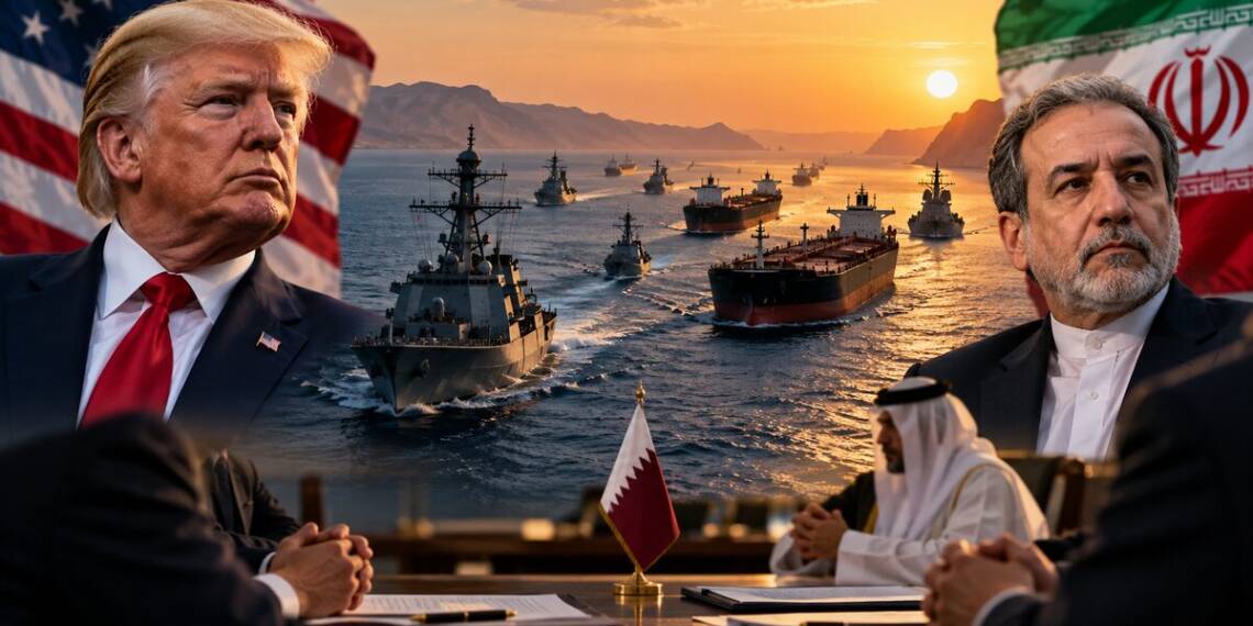 US and Iran officials face each other as warships and oil tankers move through a strategic strait, with Qatari mediators facilitating peace talks.