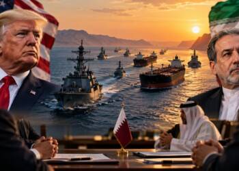 US and Iran officials face each other as warships and oil tankers move through a strategic strait, with Qatari mediators facilitating peace talks.
