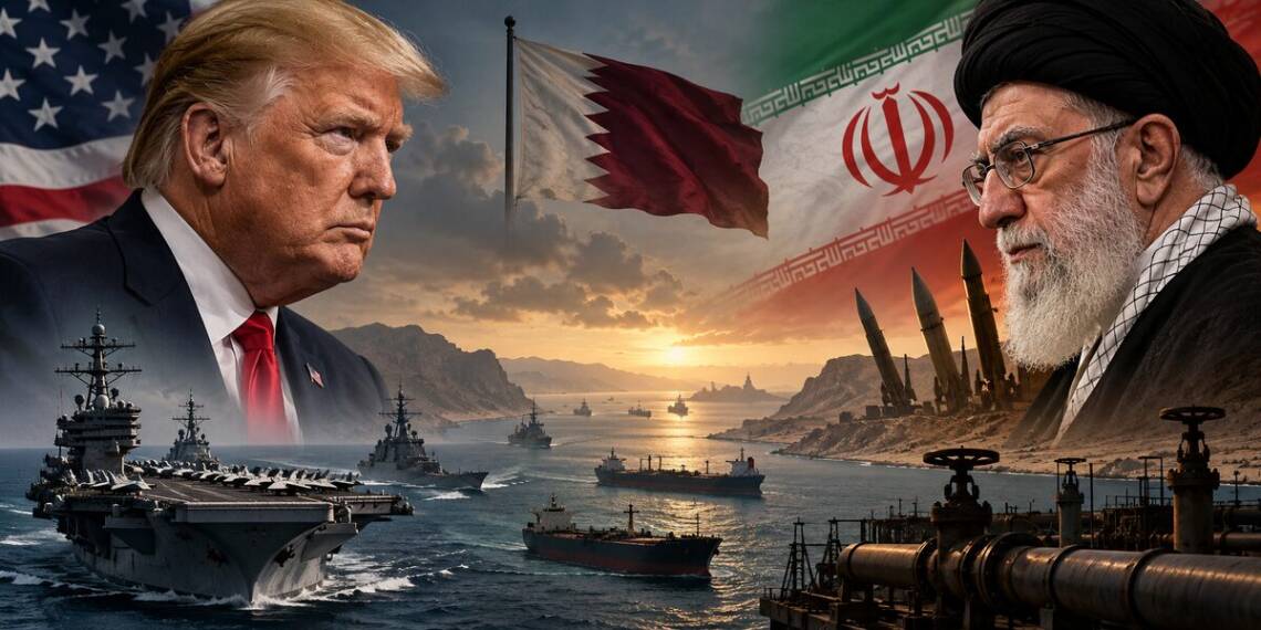 Cinematic depiction of escalating US-Iran tensions, showing Donald Trump and Iran leadership overlooking naval forces, commercial tankers and missile systems in the Gulf at sunset, with US, Iranian and Qatari flags in the background.