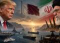 Cinematic depiction of escalating US-Iran tensions, showing Donald Trump and Iran leadership overlooking naval forces, commercial tankers and missile systems in the Gulf at sunset, with US, Iranian and Qatari flags in the background.