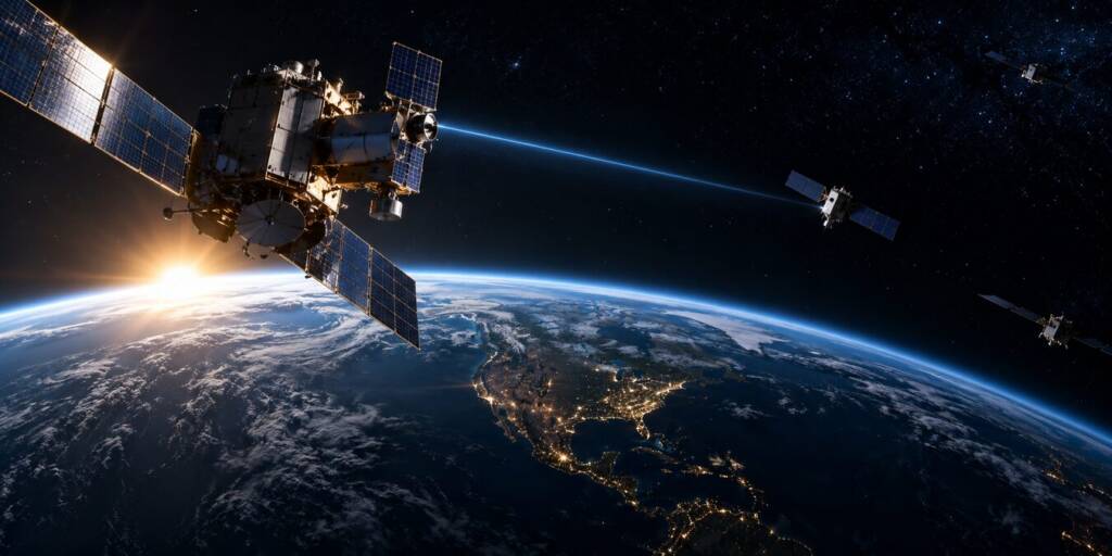 A military satellite orbiting above Earth, with other satellites in the distance and a blue beam linking two spacecraft, symbolizing the growing space weapon and the emerging US-Russia-China orbital rivalry