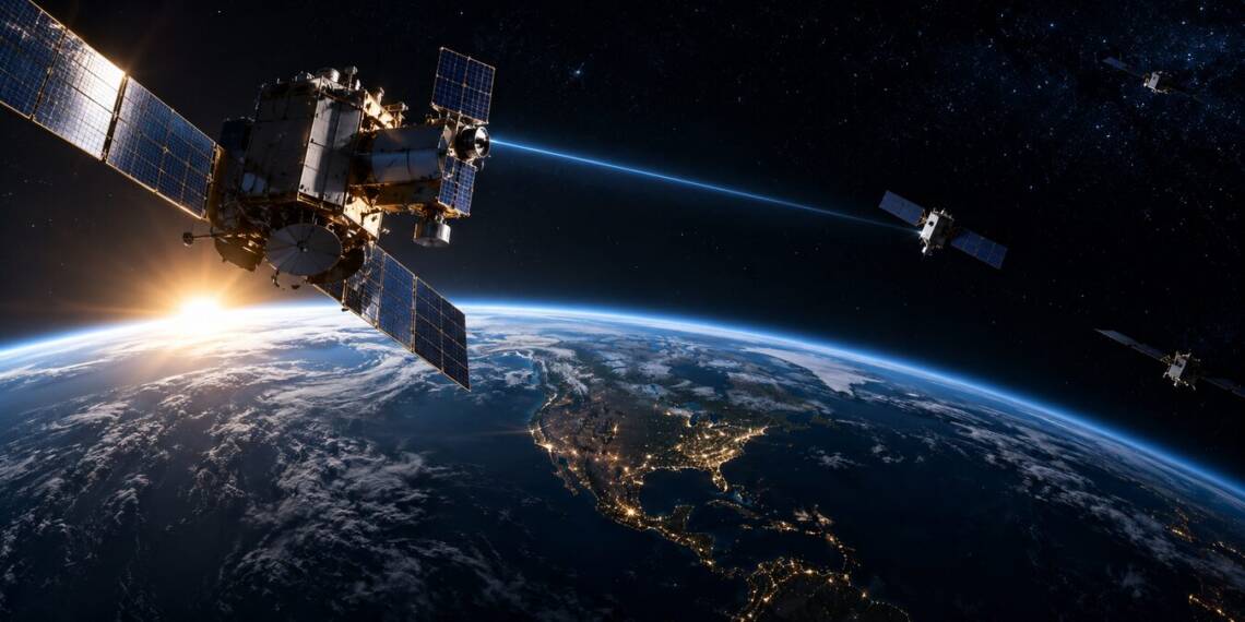 A military satellite orbiting above Earth, with other satellites in the distance and a blue beam linking two spacecraft, symbolizing the growing space weapon and the emerging US-Russia-China orbital rivalry