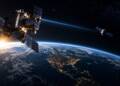 A military satellite orbiting above Earth, with other satellites in the distance and a blue beam linking two spacecraft, symbolizing the growing space weapon and the emerging US-Russia-China orbital rivalry