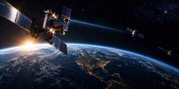 A military satellite orbiting above Earth, with other satellites in the distance and a blue beam linking two spacecraft, symbolizing the growing space weapon and the emerging US-Russia-China orbital rivalry