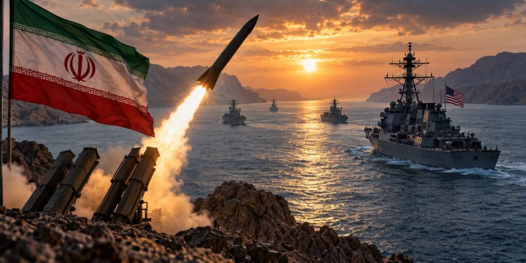 Iranian missile launchers fire toward U.S. Navy warships in a narrow Gulf waterway at sunset, with an Iranian flag in the foreground and rugged mountains surrounding the sea.