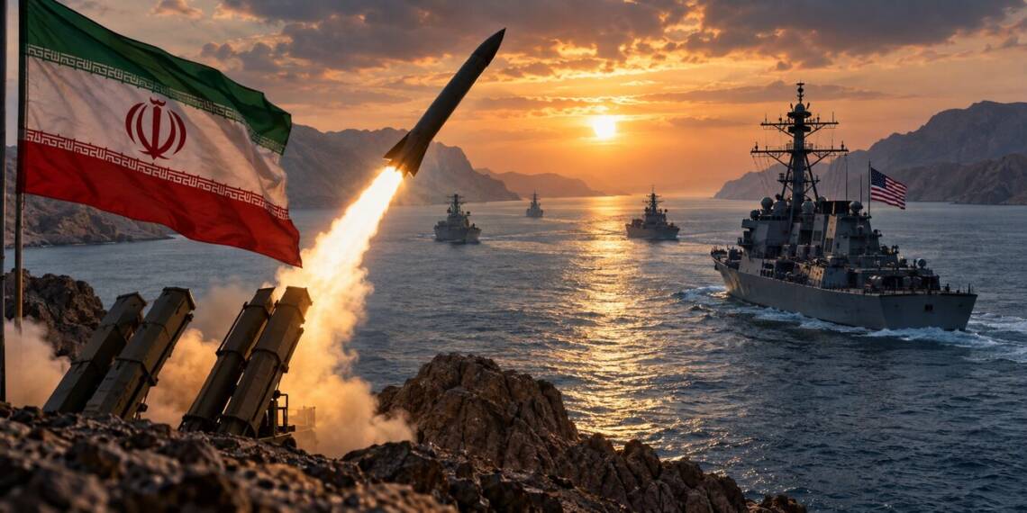 Iranian missile launchers fire toward U.S. Navy warships in a narrow Gulf waterway at sunset, with an Iranian flag in the foreground and rugged mountains surrounding the sea.
