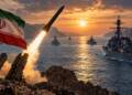 Iranian missile launchers fire toward U.S. Navy warships in a narrow Gulf waterway at sunset, with an Iranian flag in the foreground and rugged mountains surrounding the sea.