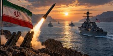 Iranian missile launchers fire toward U.S. Navy warships in a narrow Gulf waterway at sunset, with an Iranian flag in the foreground and rugged mountains surrounding the sea.