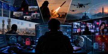 A lone hacker at a computer surrounded by imagery of cyberattacks, surveillance networks, drones, missiles, propaganda, social media manipulation and AI systems, illustrating the weaponisation of artificial intelligence.