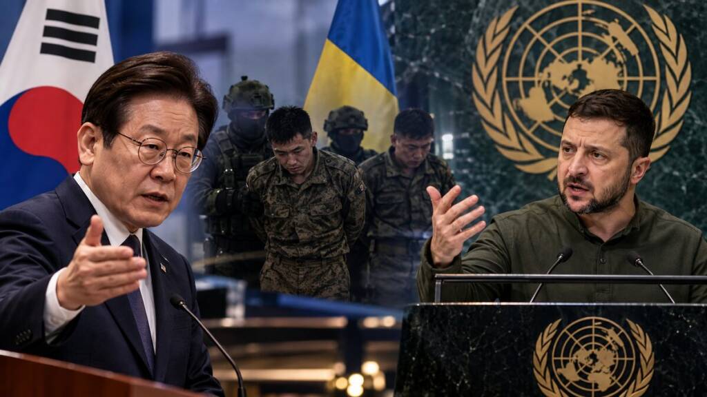 South Korean and Ukrainian leaders speak at separate podiums, with North Korean prisoners and soldiers between them, symbolising a diplomatic dispute over the transfer of captured North Korean troops to South Korea.