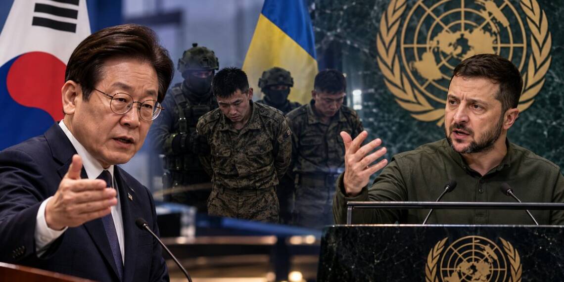 South Korean and Ukrainian leaders speak at separate podiums, with North Korean prisoners and soldiers between them, symbolising a diplomatic dispute over the transfer of captured North Korean troops to South Korea.