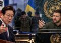 South Korean and Ukrainian leaders speak at separate podiums, with North Korean prisoners and soldiers between them, symbolising a diplomatic dispute over the transfer of captured North Korean troops to South Korea.