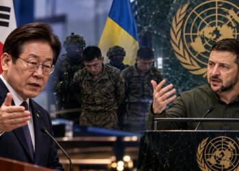 South Korean and Ukrainian leaders speak at separate podiums, with North Korean prisoners and soldiers between them, symbolising a diplomatic dispute over the transfer of captured North Korean troops to South Korea.
