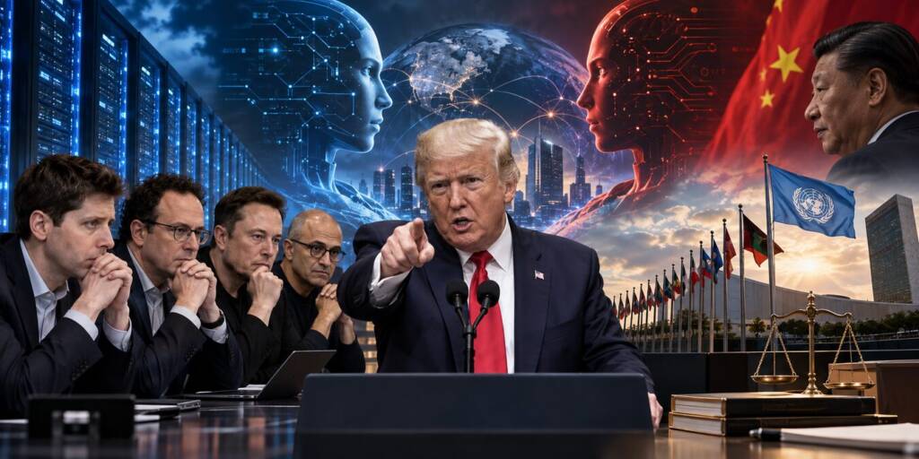 Donald Trump at a podium between AI executives, with opposing US-China AI imagery, data centres, global networks and UN symbols representing the growing debate over artificial intelligence safety, competition and international regulation