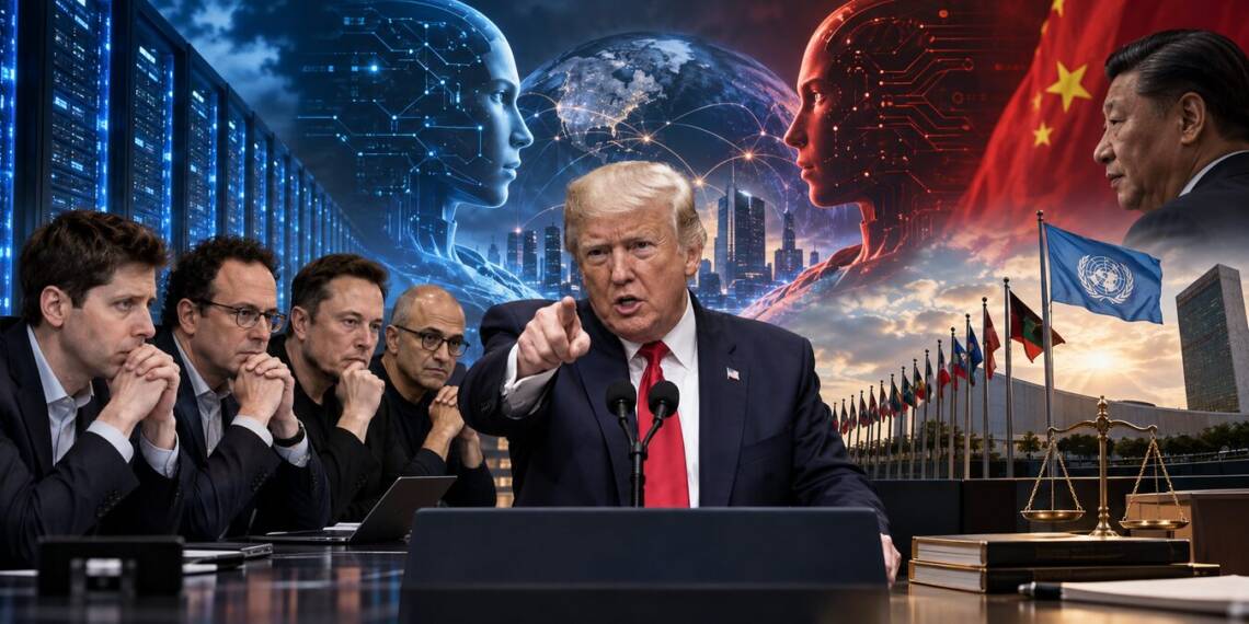 Donald Trump at a podium between AI executives, with opposing US-China AI imagery, data centres, global networks and UN symbols representing the growing debate over artificial intelligence safety, competition and international regulation