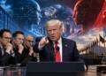 Donald Trump at a podium between AI executives, with opposing US-China AI imagery, data centres, global networks and UN symbols representing the growing debate over artificial intelligence safety, competition and international regulation