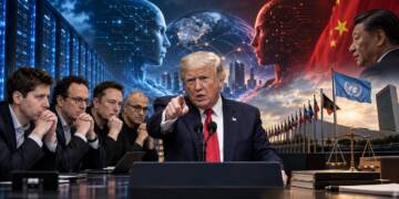 Donald Trump at a podium between AI executives, with opposing US-China AI imagery, data centres, global networks and UN symbols representing the growing debate over artificial intelligence safety, competition and international regulation