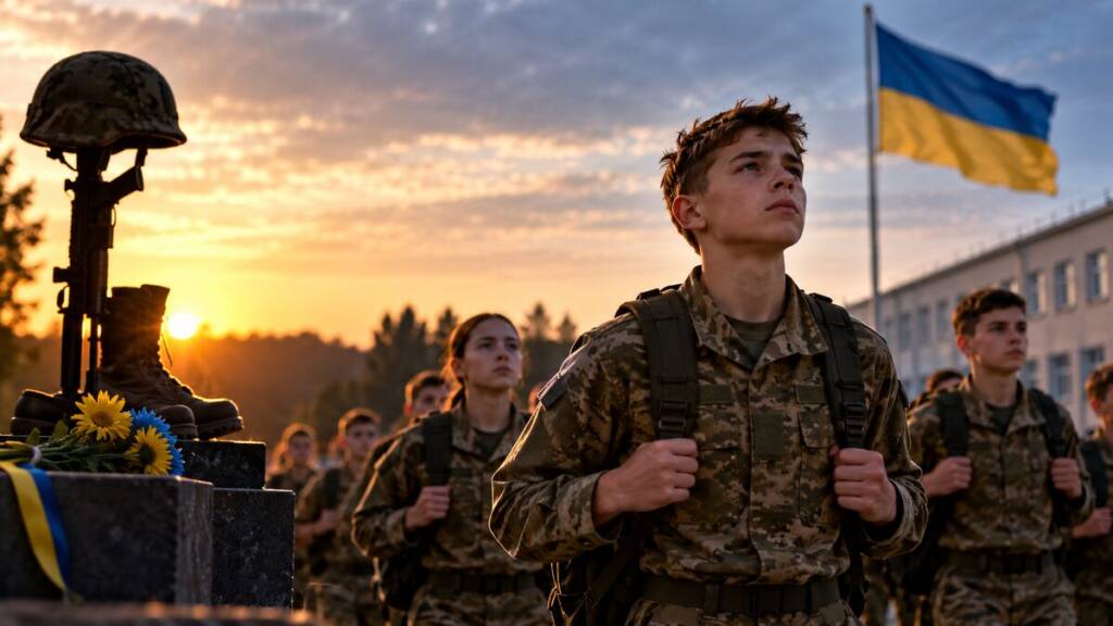 Young Ukrainian cadets in military uniforms march past a memorial for fallen soldiers at sunset, with the Ukrain flag in the background.