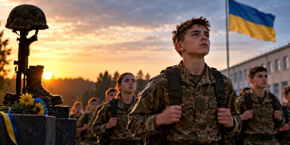 Young Ukrainian cadets in military uniforms march past a memorial for fallen soldiers at sunset, with the Ukrain flag in the background.