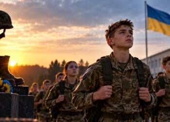Young Ukrainian cadets in military uniforms march past a memorial for fallen soldiers at sunset, with the Ukrain flag in the background.