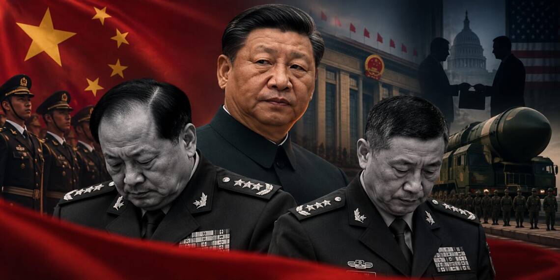 Xi Jinping flanked by two Chinese military generals in a dark, tense political-military scene, with the Chinese flag, PLA troops, a missile launcher and shadowy US-China imagery in the background, symbolising a leadership purge and allegations of nuclear espionage.